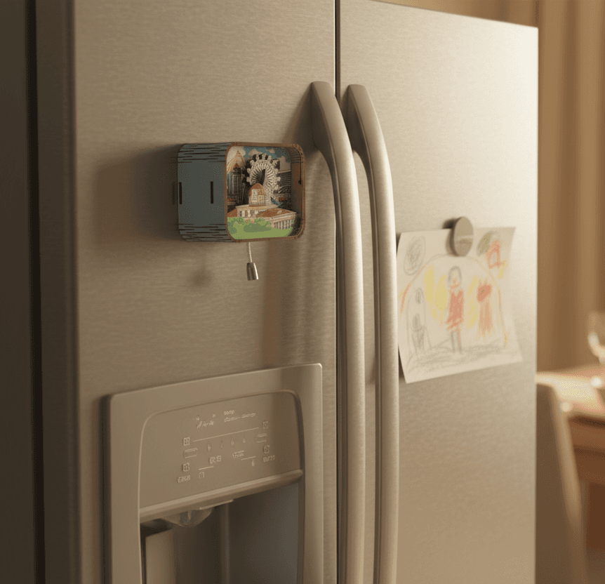 冰箱贴音乐盒组合在冰箱门上的展示